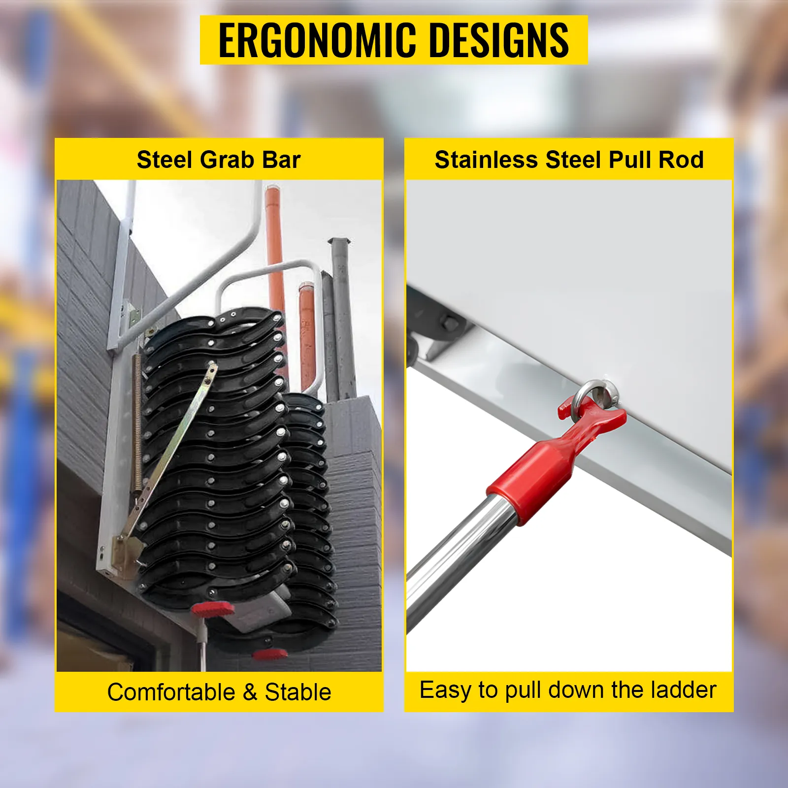 VEVOR attic ladder with steel grab bar and stainless steel pull rod for easy use.