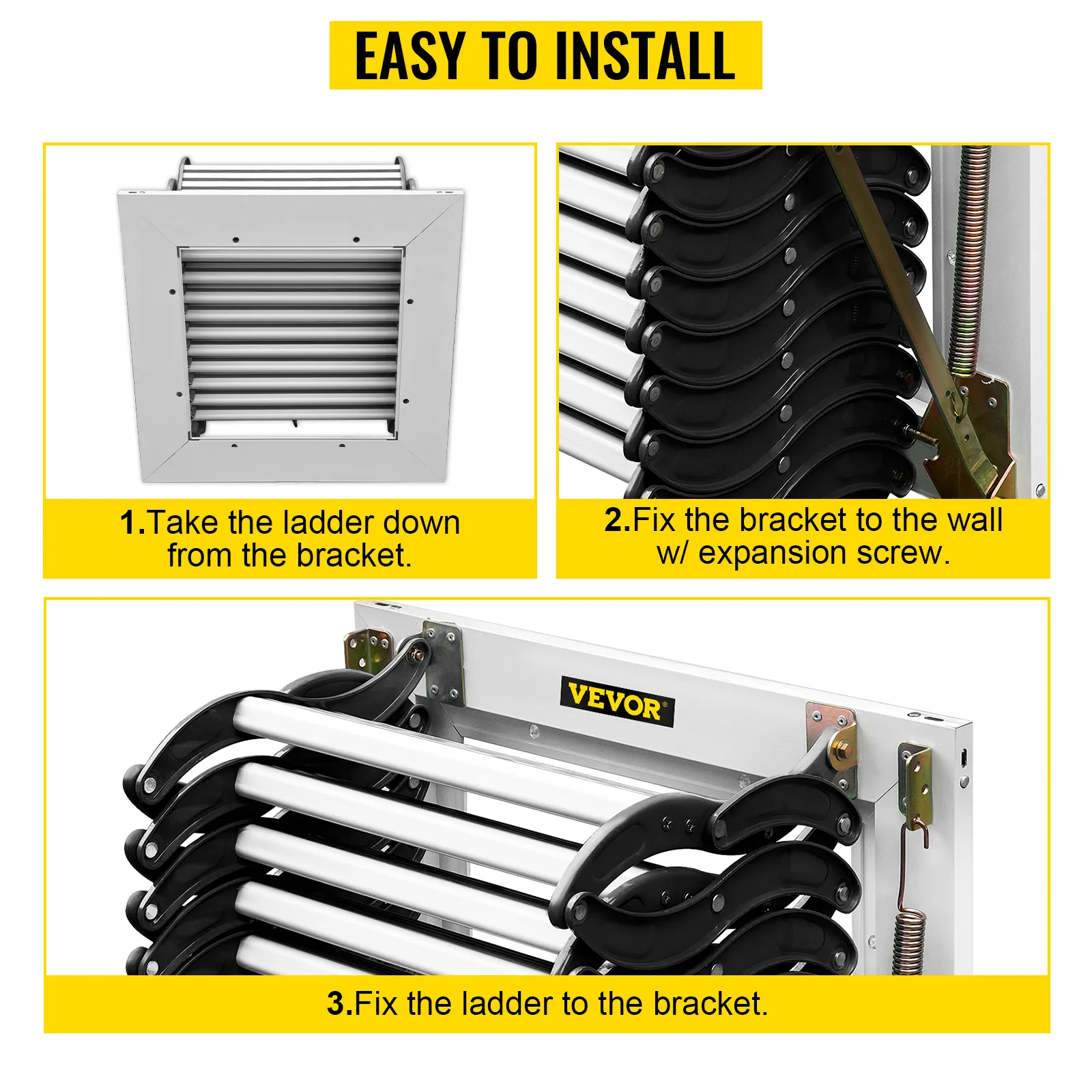 VEVOR attic ladder installation steps: remove from bracket, fix bracket, attach ladder.