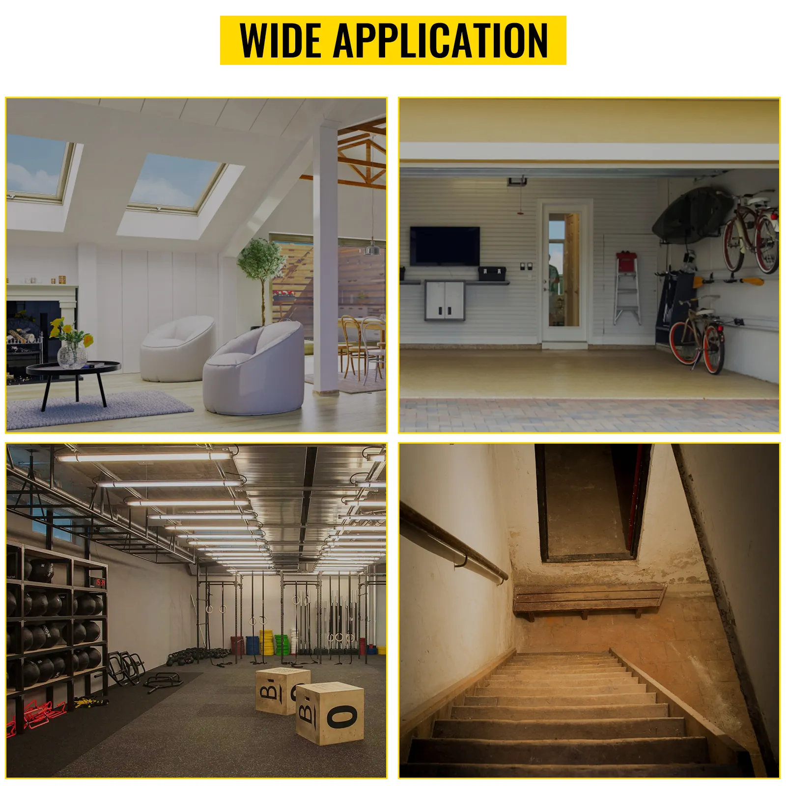 VEVOR attic ladder in living room, garage, gym, and basement settings. wide application.