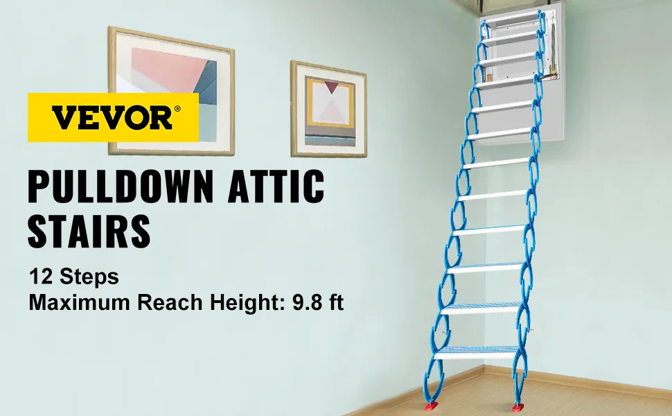 Escaleras de ático VEVOR, escalera desplegable de 12 escalones para un alcance de 9,8 pies en una habitación moderna.
