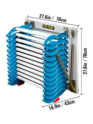 Escaleras de ático colapsadas VEVOR, azul y blanco, dimensiones 27,6 pulgadas x 27,6 pulgadas x 16,9 pulgadas.
