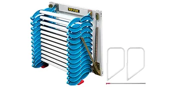 Escaleras de ático VEVOR, escalera compacta azul y blanca con accesorios.