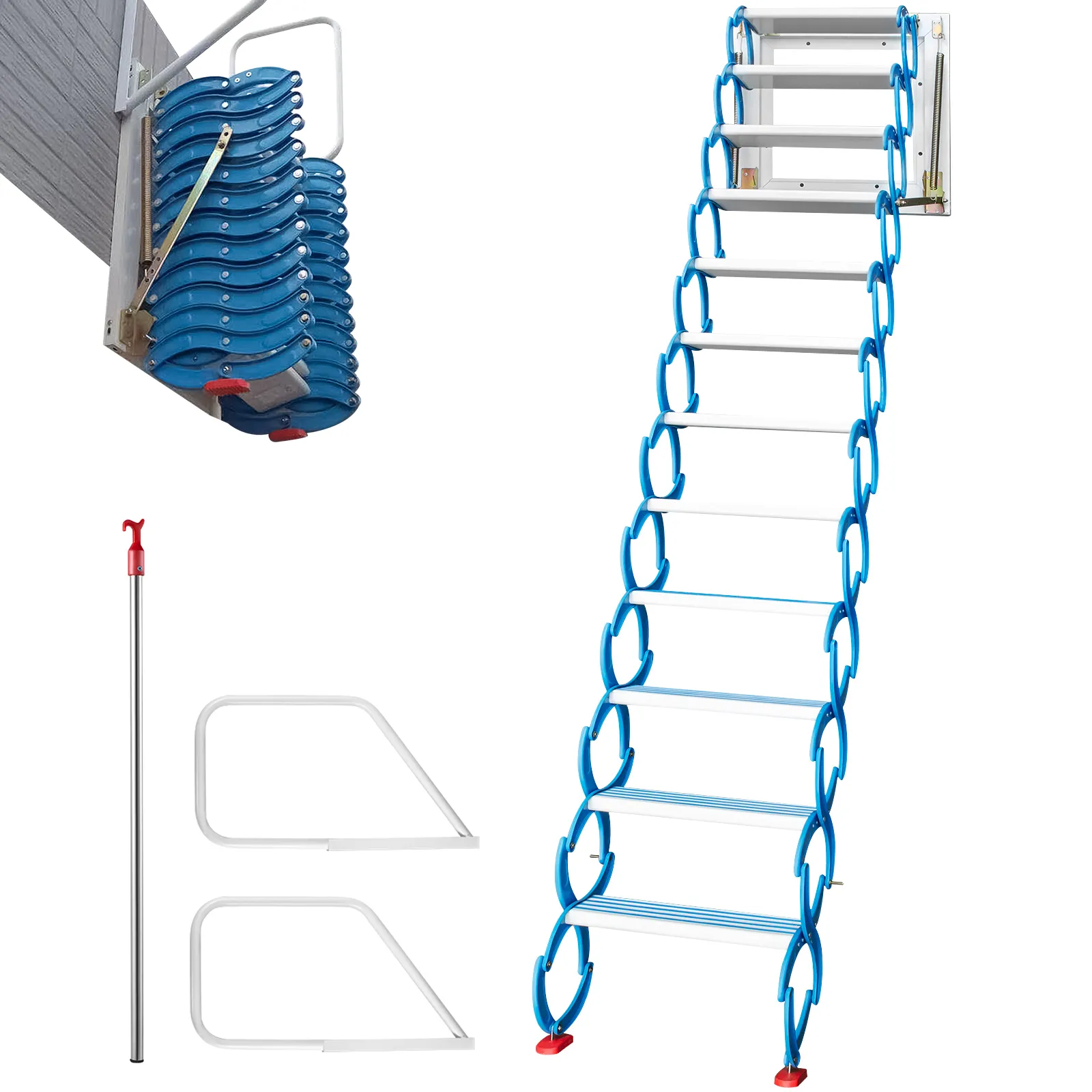 Escalera de ático VEVOR con mástil telescópico, escalera plegable azul y asas laterales.