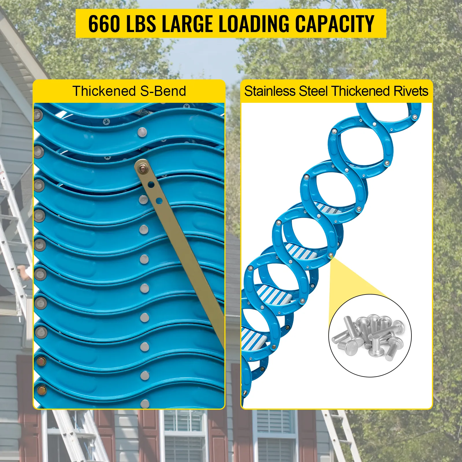 Gran capacidad de carga de 660 libras, curva en S engrosada, remaches engrosados de acero inoxidable, escaleras para ático VEVOR.