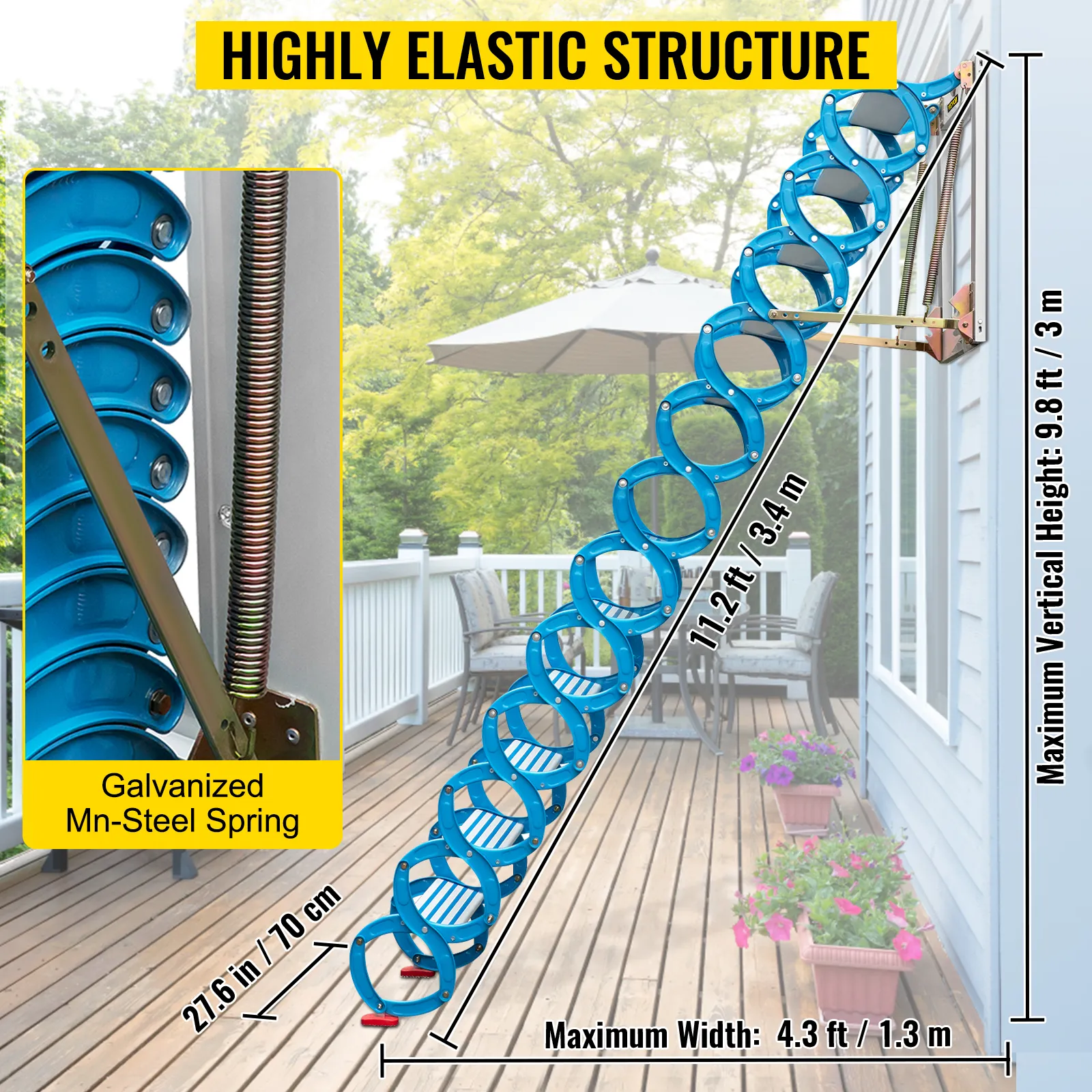 Escalera de ático VEVOR con estructura elástica azul, muelle de acero galvanizado mn, dimensiones mostradas.