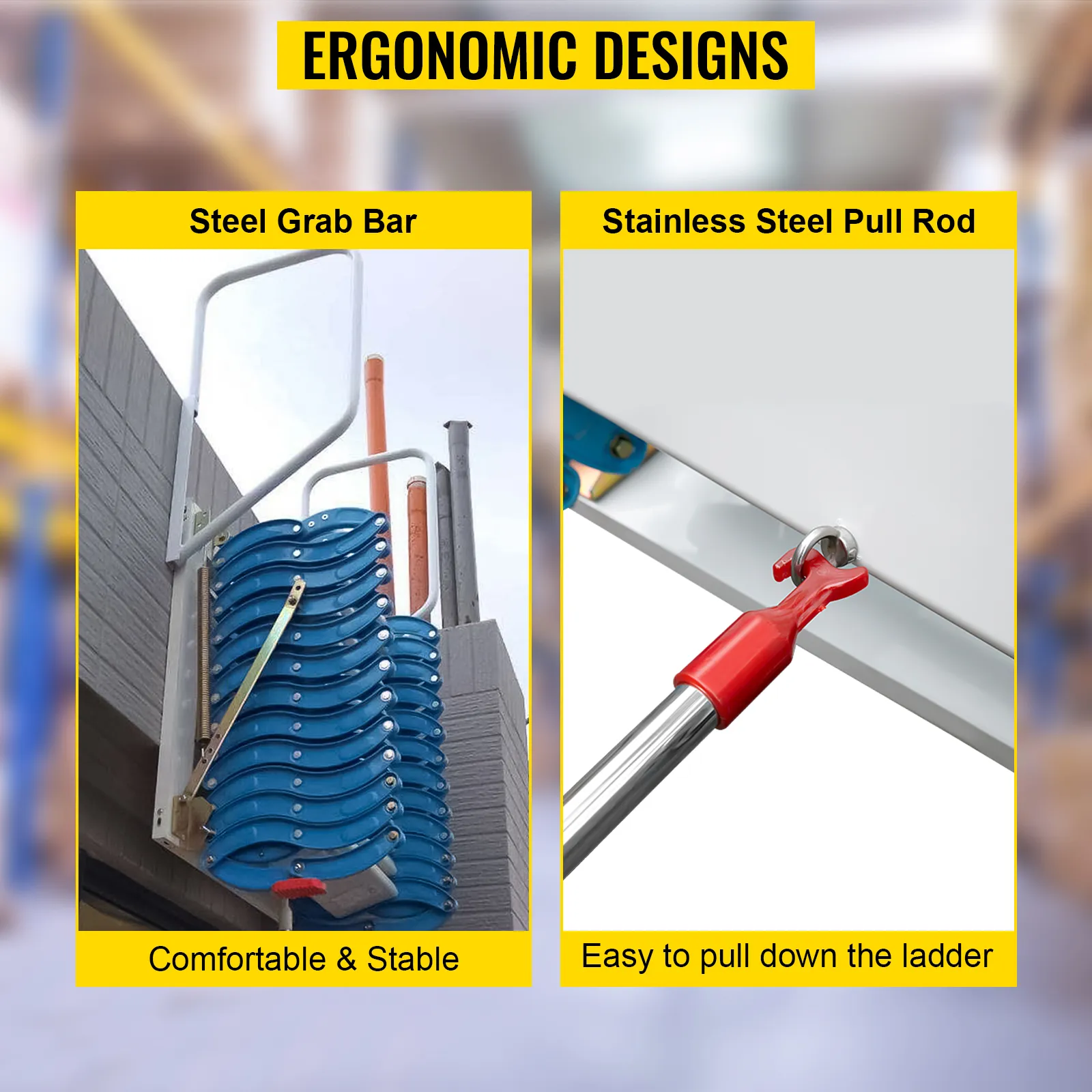Escaleras de ático VEVOR con diseños ergonómicos, con barra de apoyo de acero y barra de tracción.