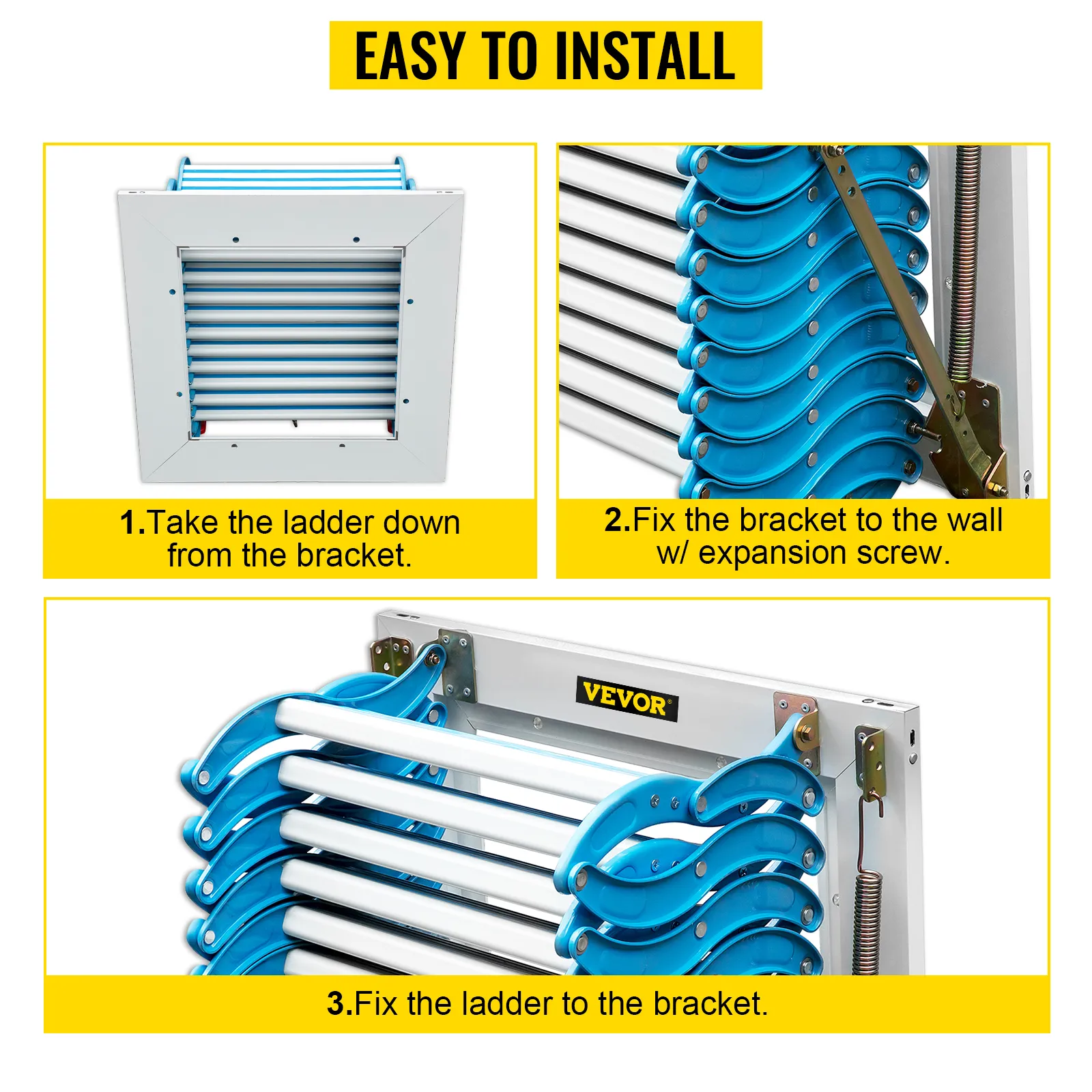 Pasos para instalar las escaleras del ático VEVOR: desmontar la escalera, montar el soporte, asegurar la escalera.