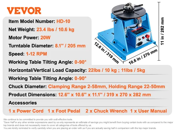 VEVOR Schweißpositionierer hd-10, blau, 20 W Motor, 1–12 U/min, 205 mm Drehteller, Maße 12,6 x 10,6 x 11,1 Zoll.