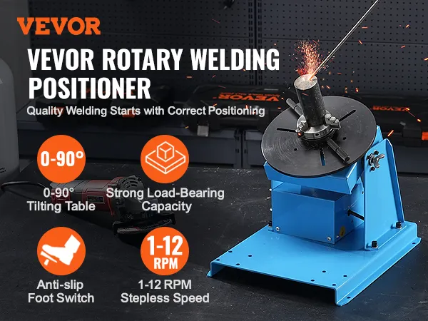 VEVOR-Schweißpositionierer mit 0–90°-Kipptisch, rutschfestem Fußschalter und stufenloser Geschwindigkeit von 1–12 U/min.