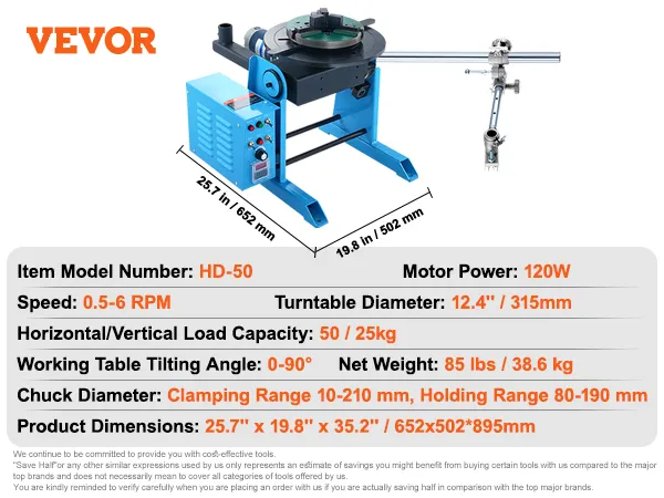 Posizionatore di saldatura rotante VEVOR hd-50, 120w, velocità: 0,5-6 giri/min, 25,7"x19,8"x35,2", piatto girevole da 12,4".