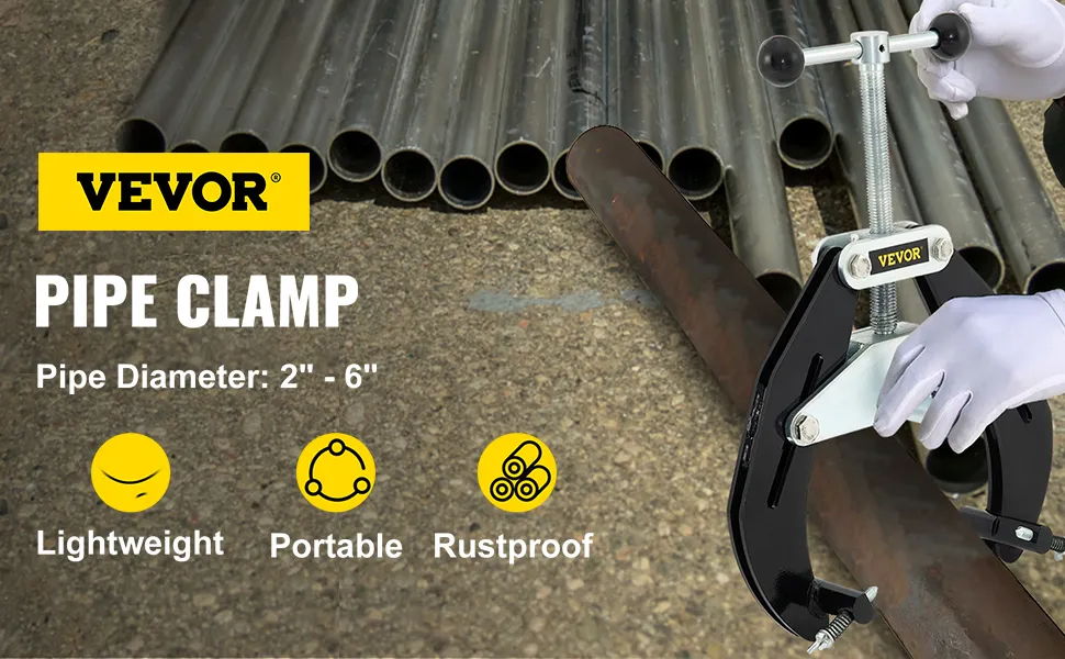 VEVOR pipe clamp on large metal pipe, highlighting lightweight, portable, rustproof features.