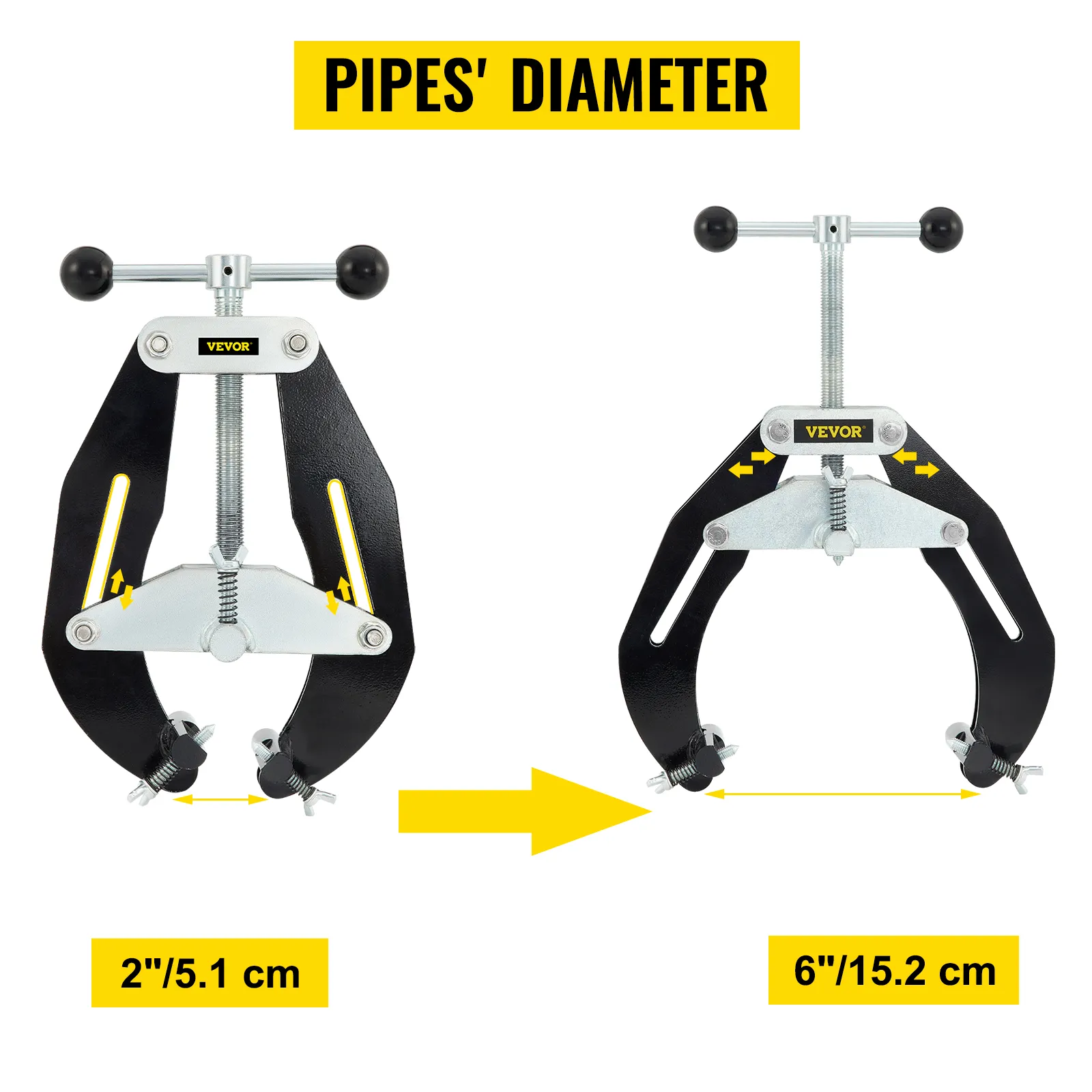VEVOR pipe clamp adjustable for 2" to 6" pipes with measurements in inches and centimeters.