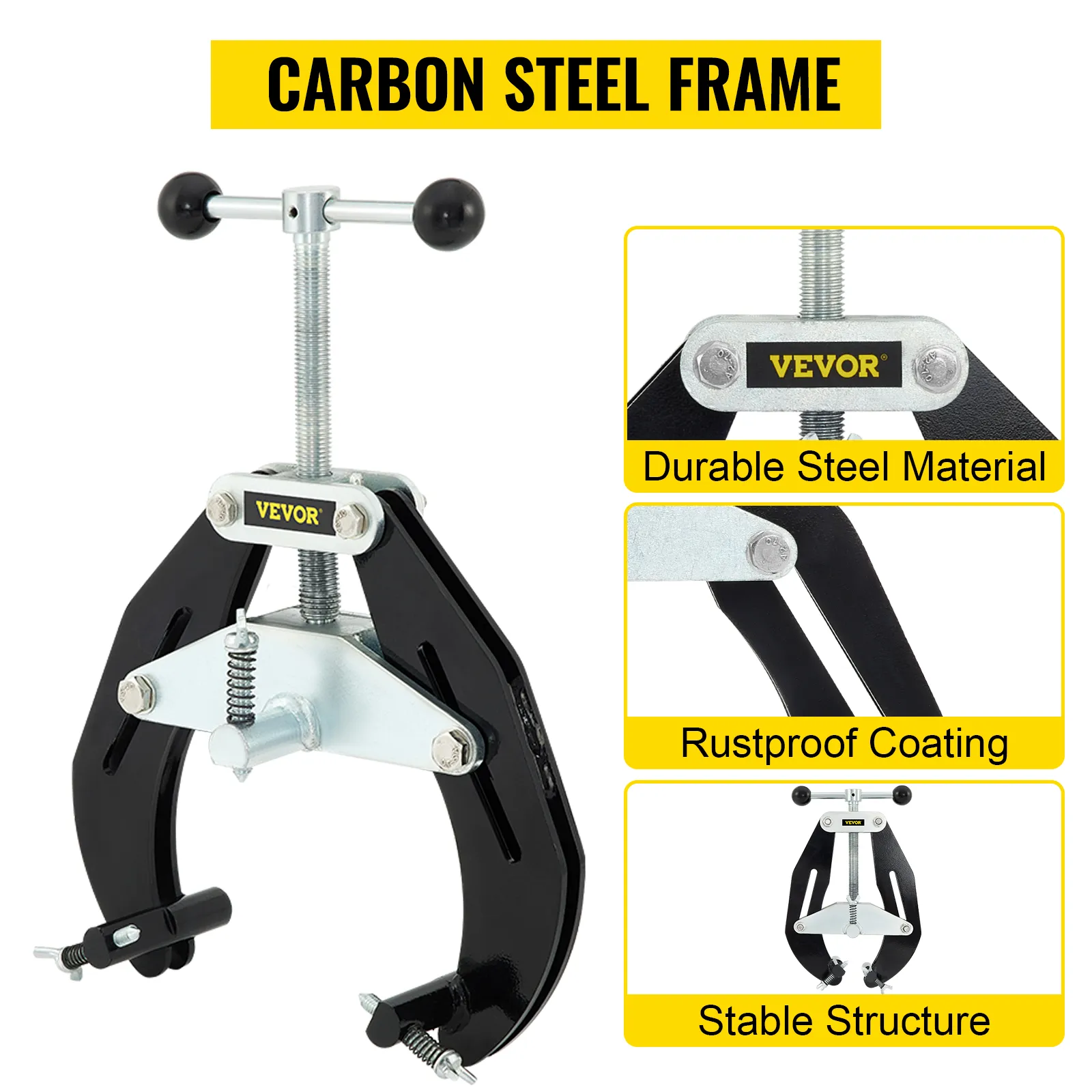 VEVOR pipe clamp with carbon steel frame, durable steel material, rustproof coating, stable structure.