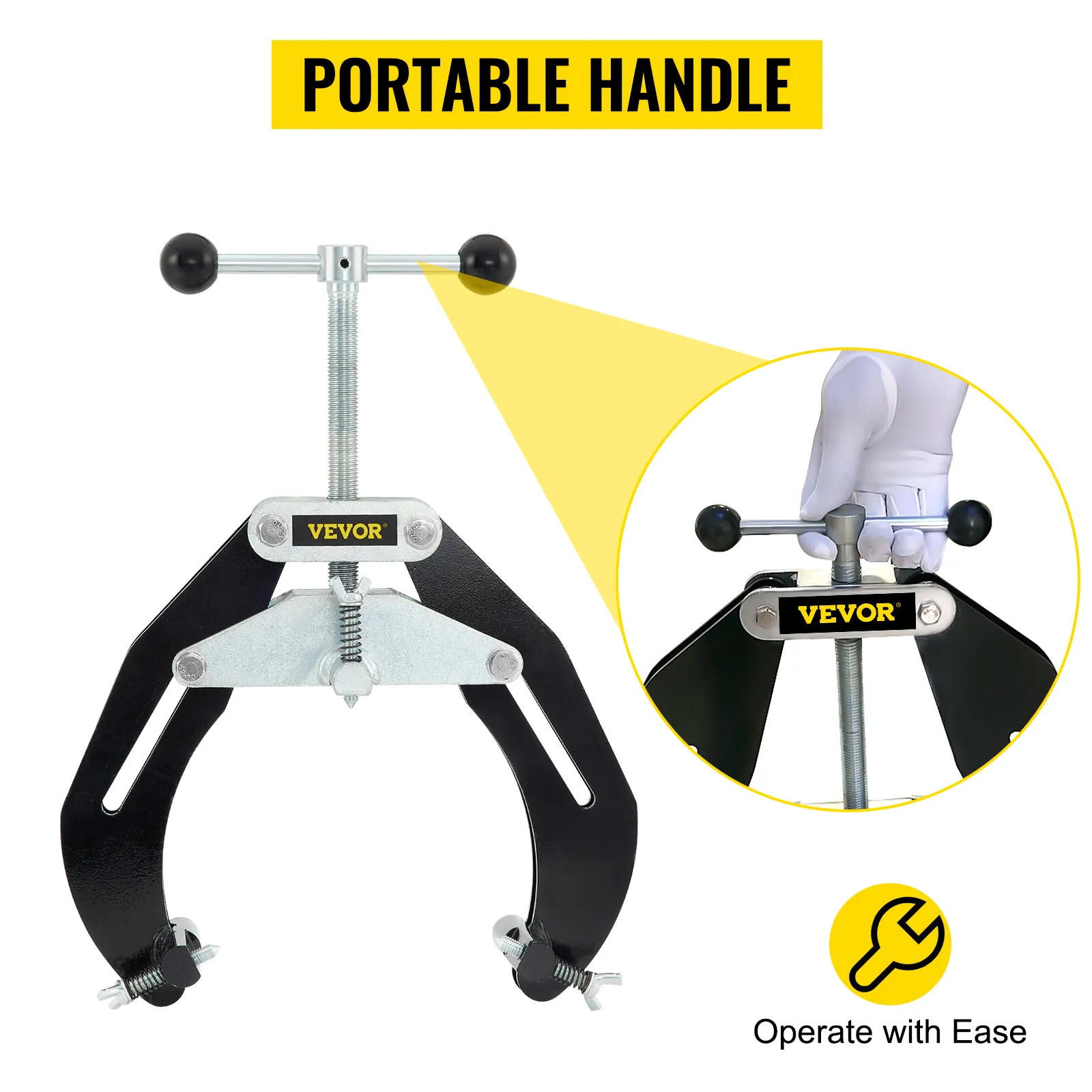VEVOR pipe clamp with portable handle, shown in use with a close-up of the handle operation.