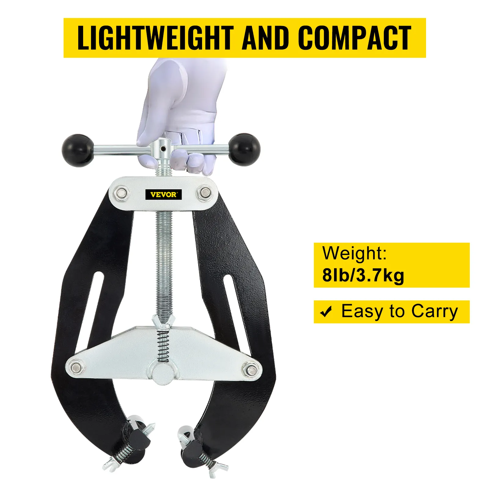 VEVOR pipe clamp held by a gloved hand, showcasing its lightweight and compact design at 8lb/3.7kg.