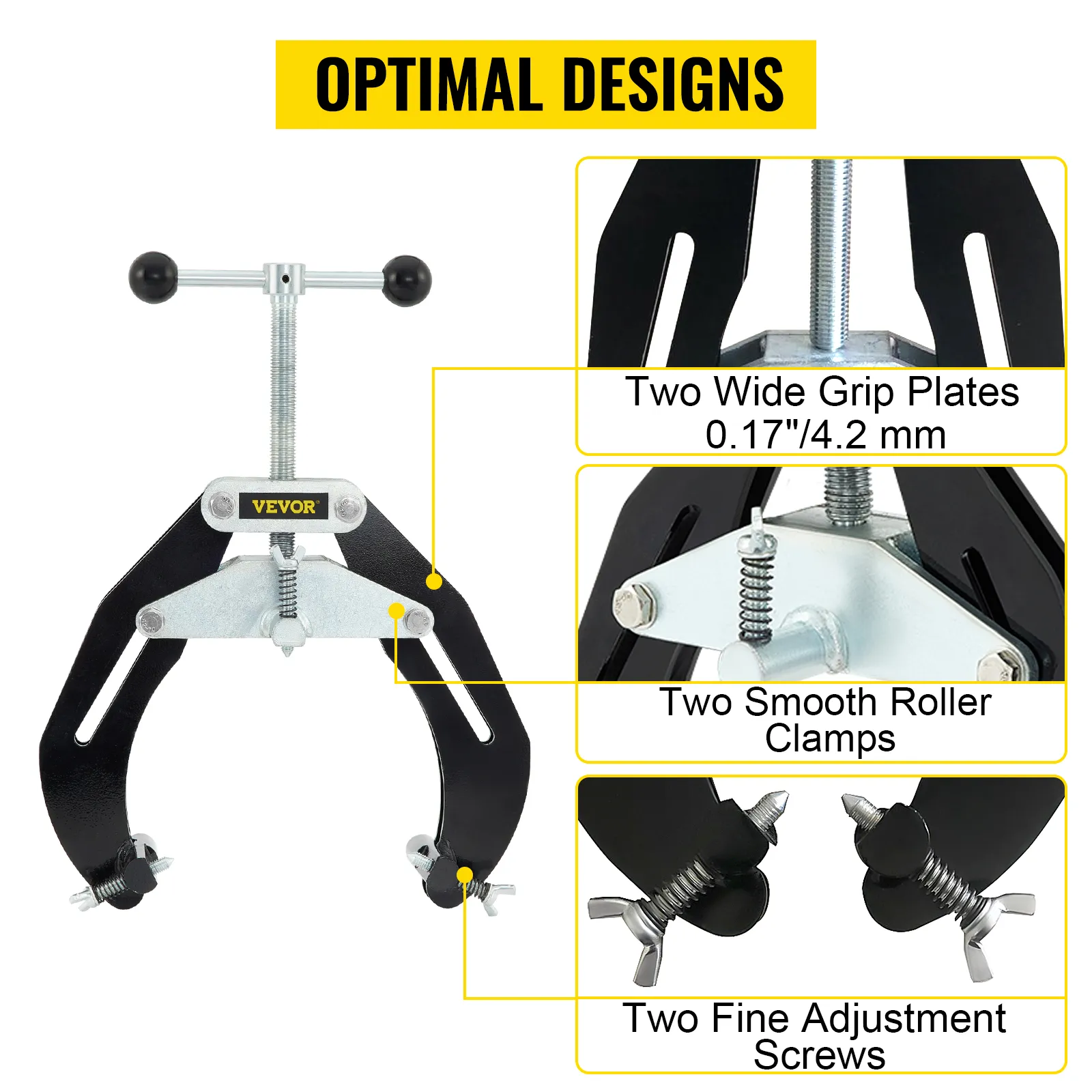 VEVOR pipe clamp: optimal designs with grip plates, smooth roller clamps, and fine adjustment screws.