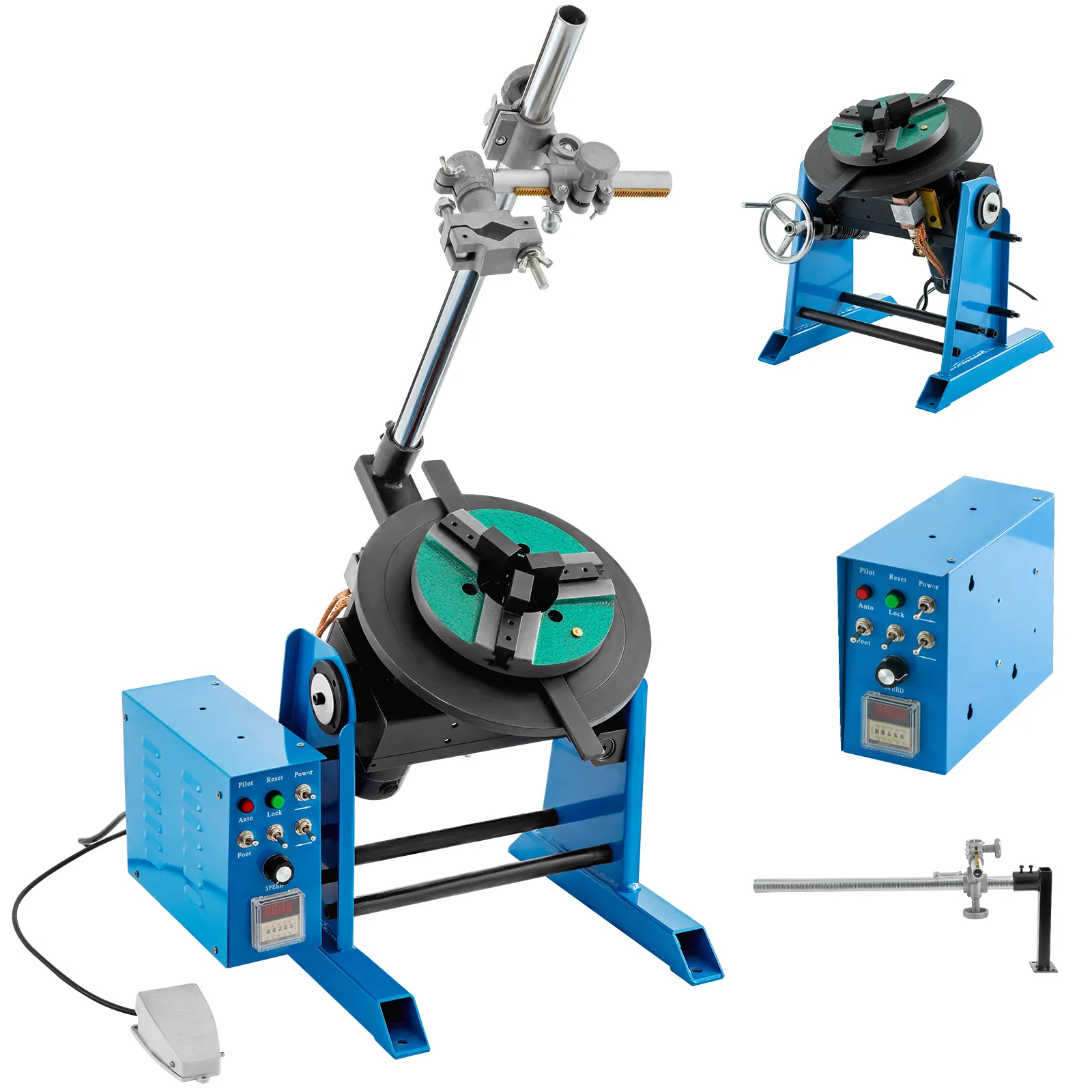 Posicionador de soldadura VEVOR, mesa giratoria con brazo ajustable y caja de control en color azul.