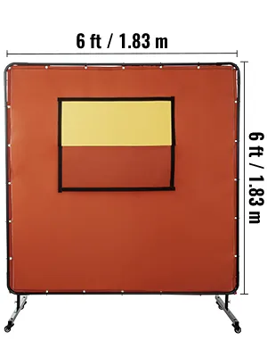 Cortina de soldadura VEVOR, 6 pies x 6 pies, naranja con ventana de visualización amarilla.
