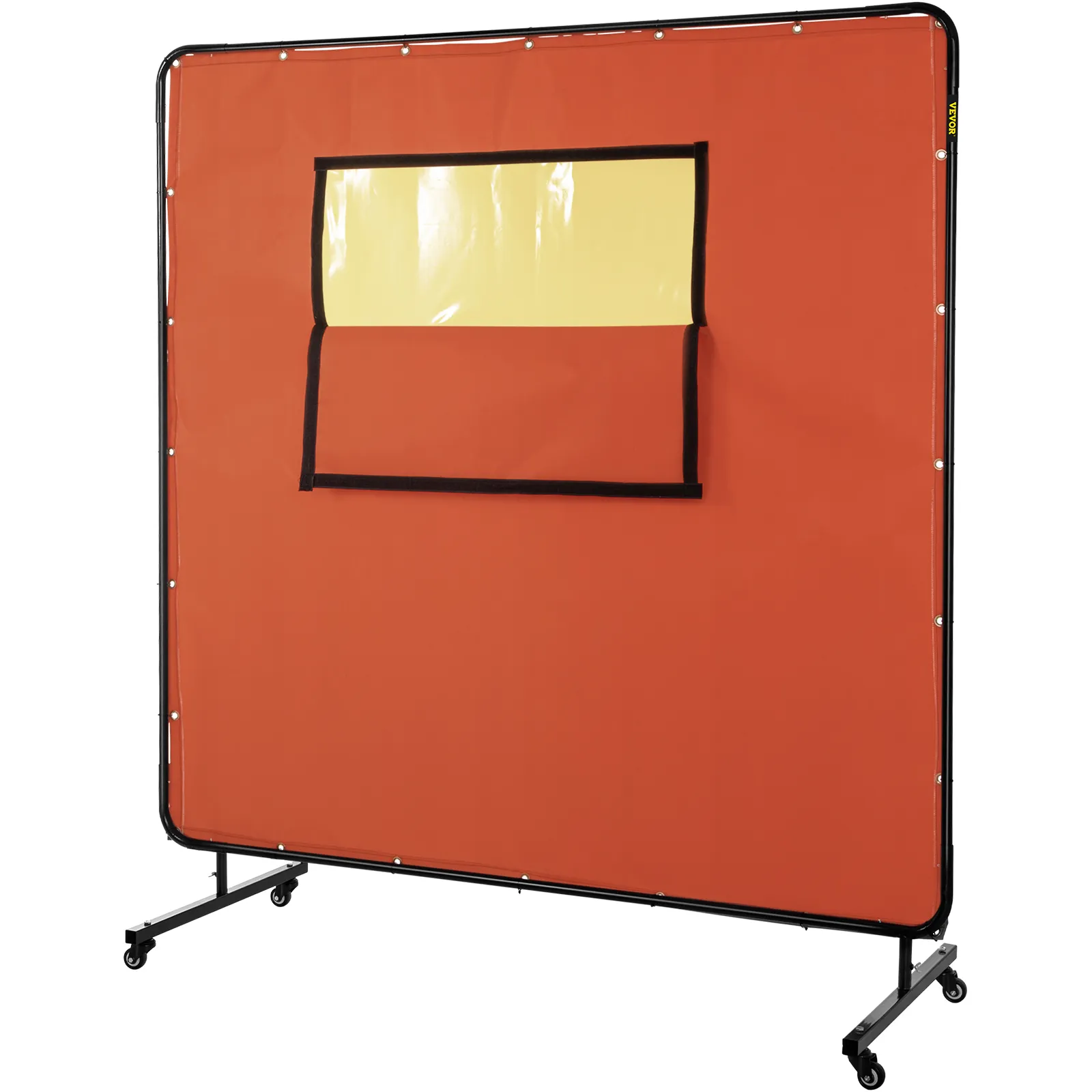 Cortina de soldadura móvil VEVOR de color naranja con panel de ventana transparente de color amarillo sobre ruedas.