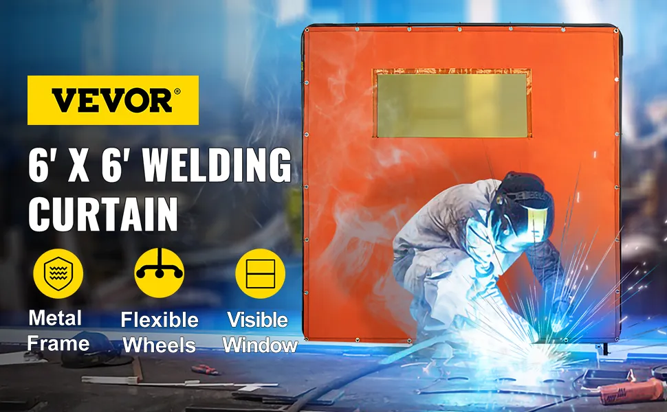 VEVOR welding curtain 6' x 6' with metal frame, flexible wheels, and a visible window.