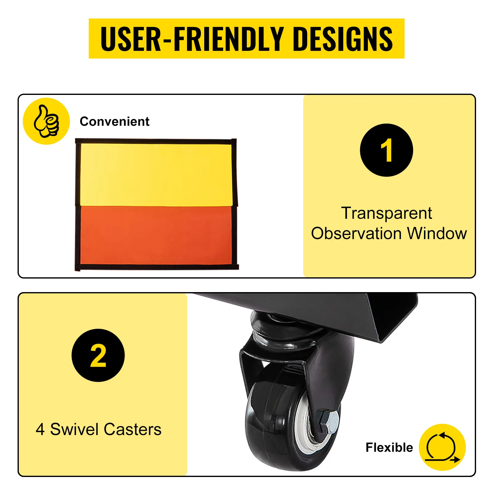 VEVOR welding curtain features transparent window and 4 swivel casters for flexibility.