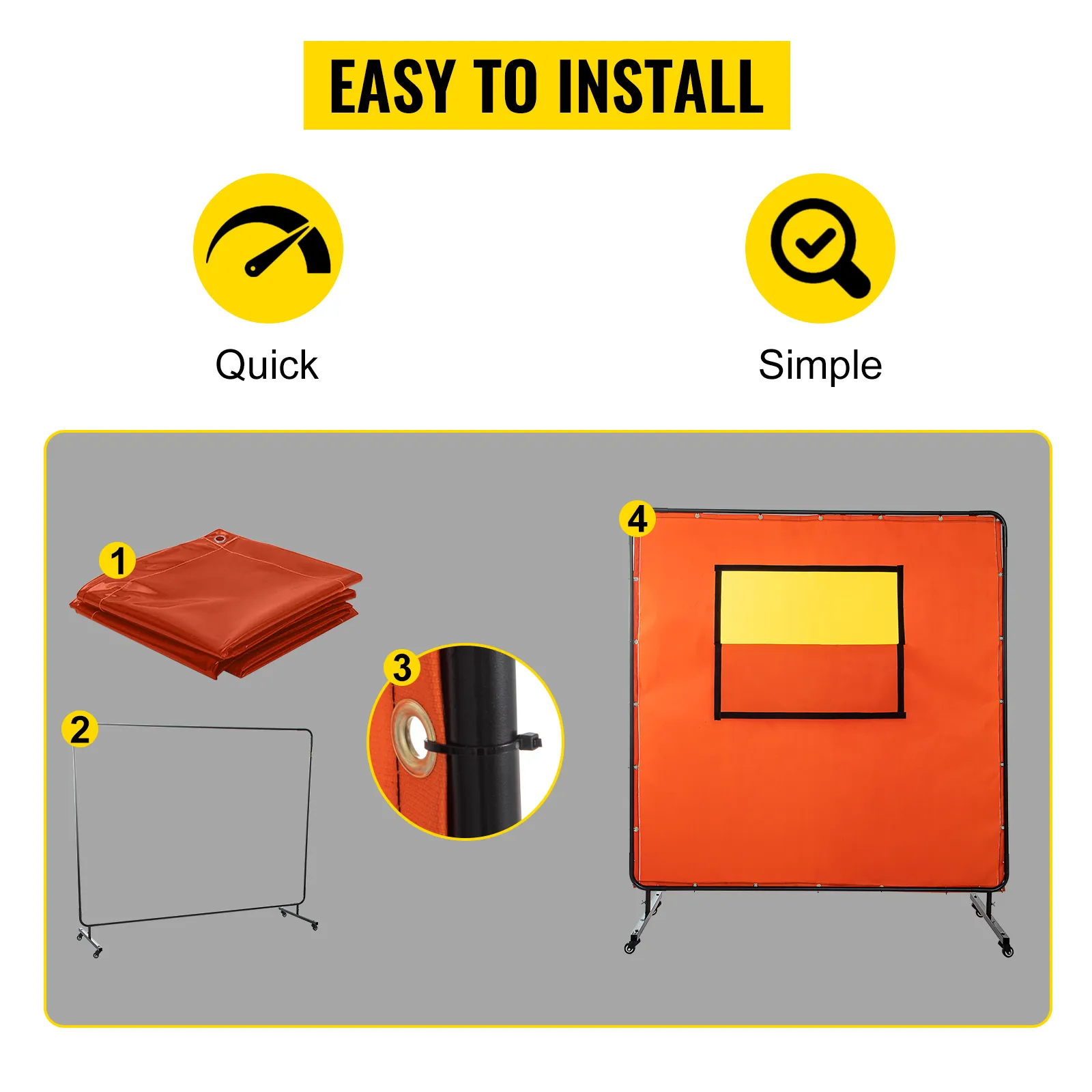VEVOR welding curtain installation steps: fabric, frame, grommets, and assembled view.