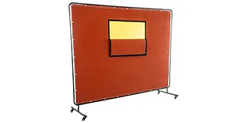 Cortina de soldadura VEVOR roja con ventana de visualización amarilla sobre un marco negro con ruedas.