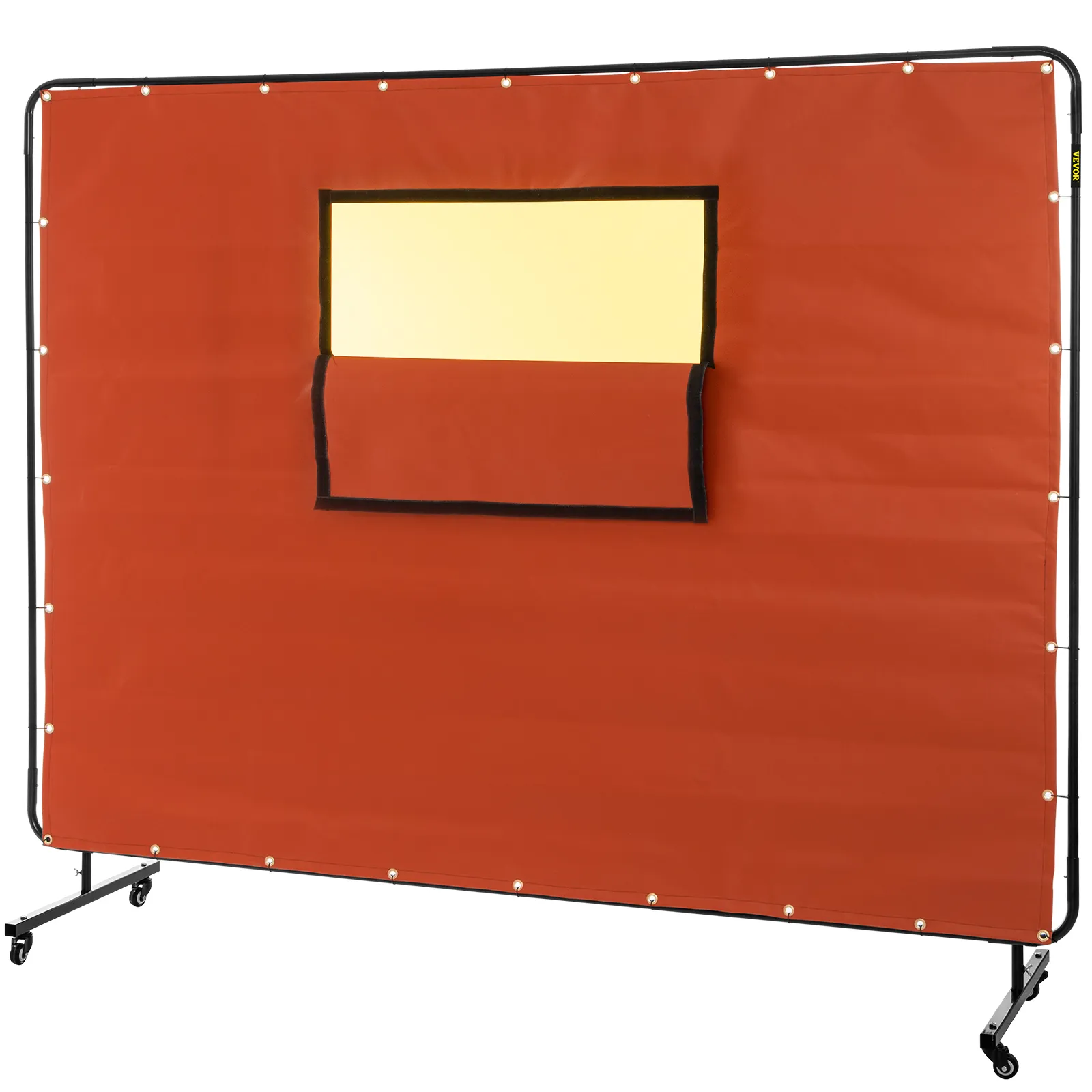 Cortina de soldadura roja VEVOR con ventana de visualización y marco resistente sobre ruedas.