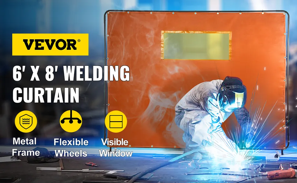 VEVOR welding curtain with metal frame, flexible wheels, and visible window, 6' x 8'.