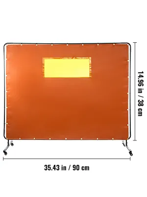 VEVOR welding curtain with window, 35.43 in x 14.96 in, orange, on wheels.