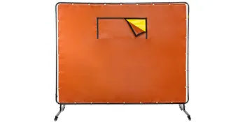 orange VEVOR welding curtain with window frame and sturdy black frame on wheels.