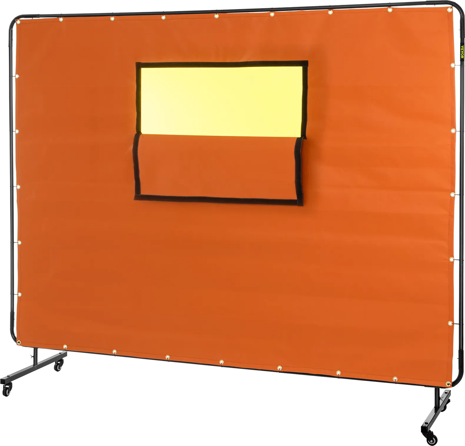 red VEVOR welding curtain with yellow viewing window and black frame on wheels.