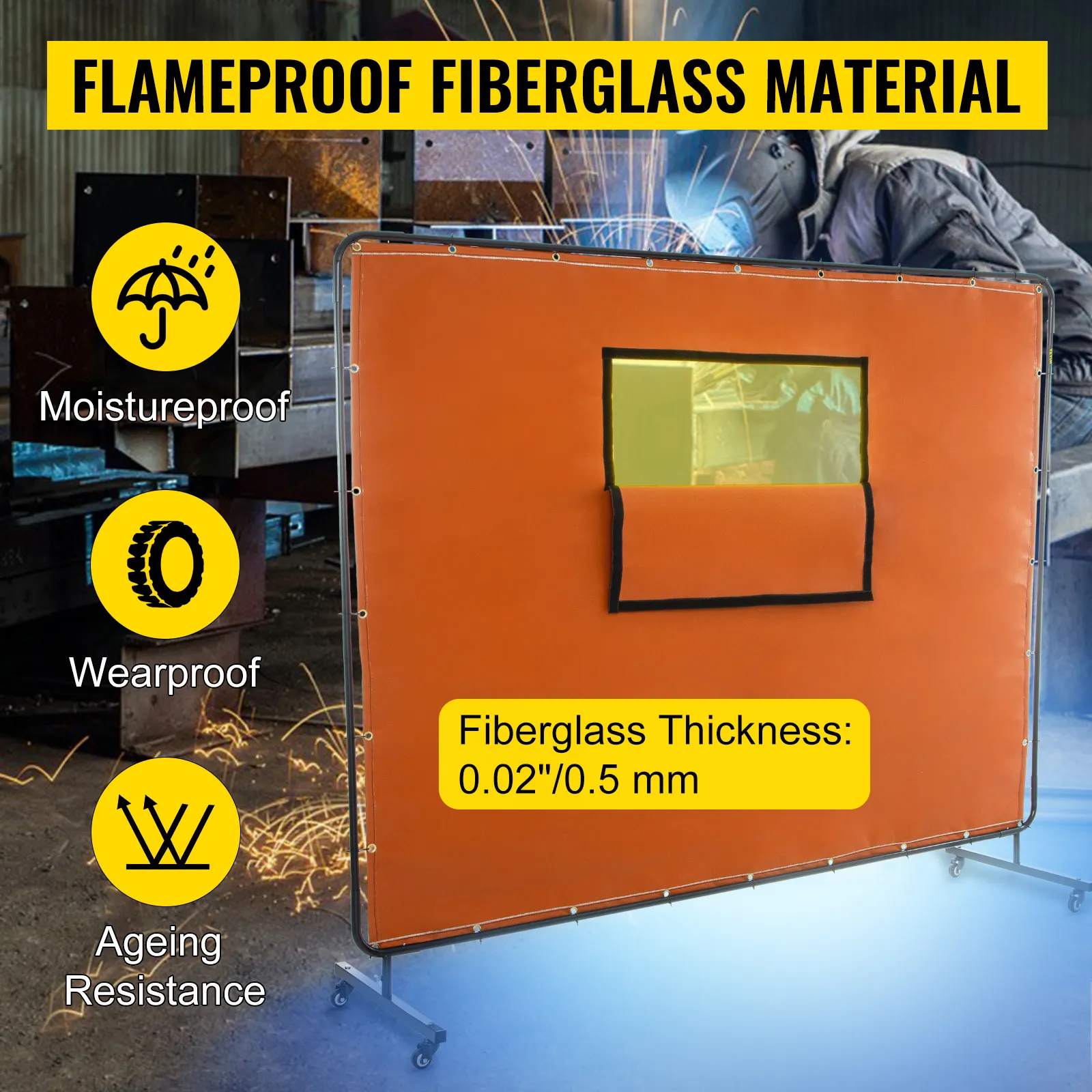 VEVOR welding curtain with flameproof fiberglass material, moistureproof, wearproof.