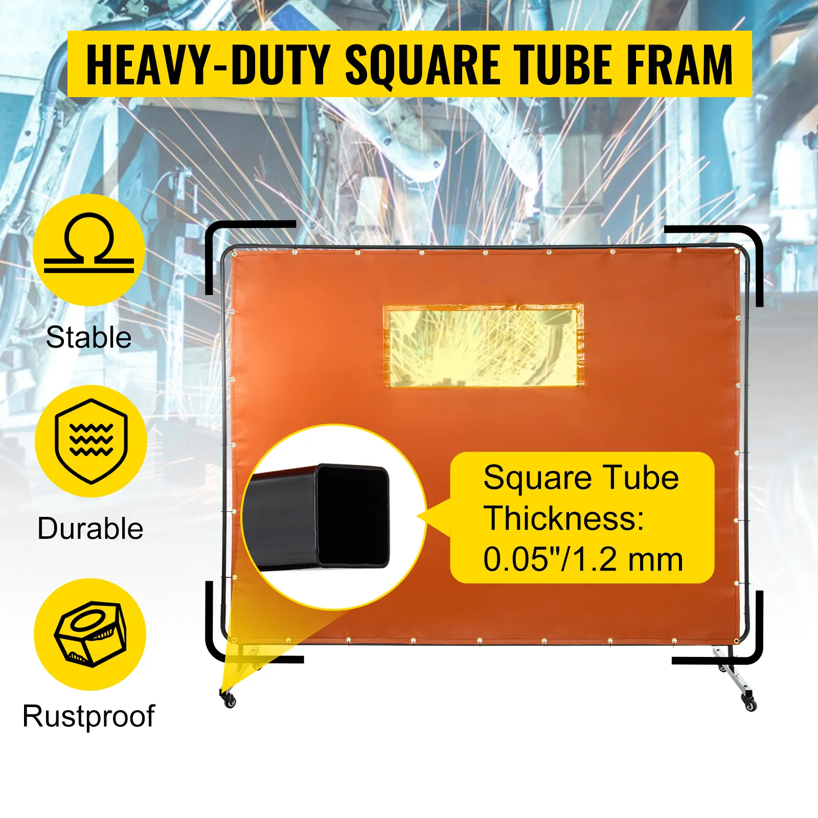 VEVOR welding curtain with rustproof square tube frame, stable and durable design.
