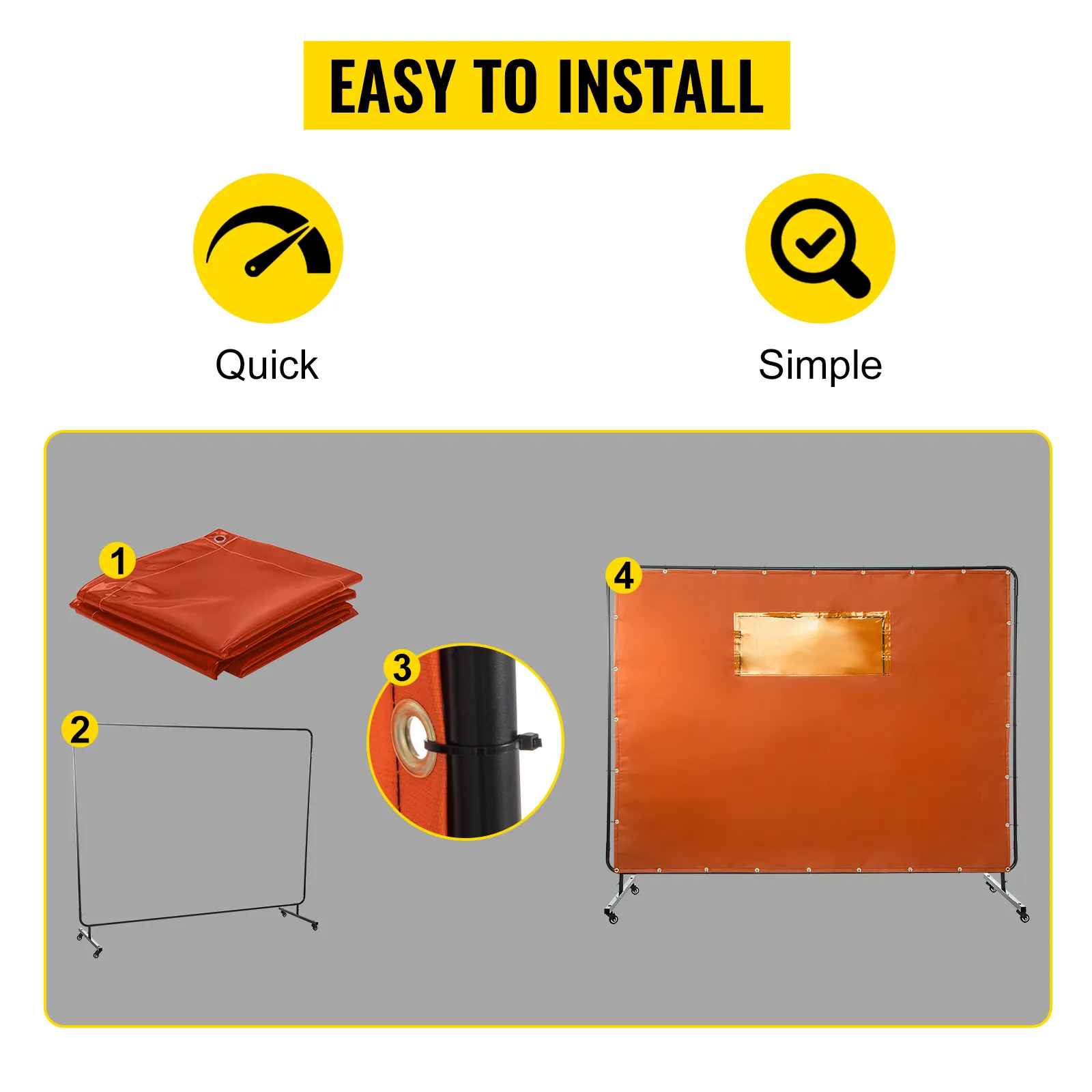 easy to install VEVOR welding curtain, highlighting quick and simple setup steps.
