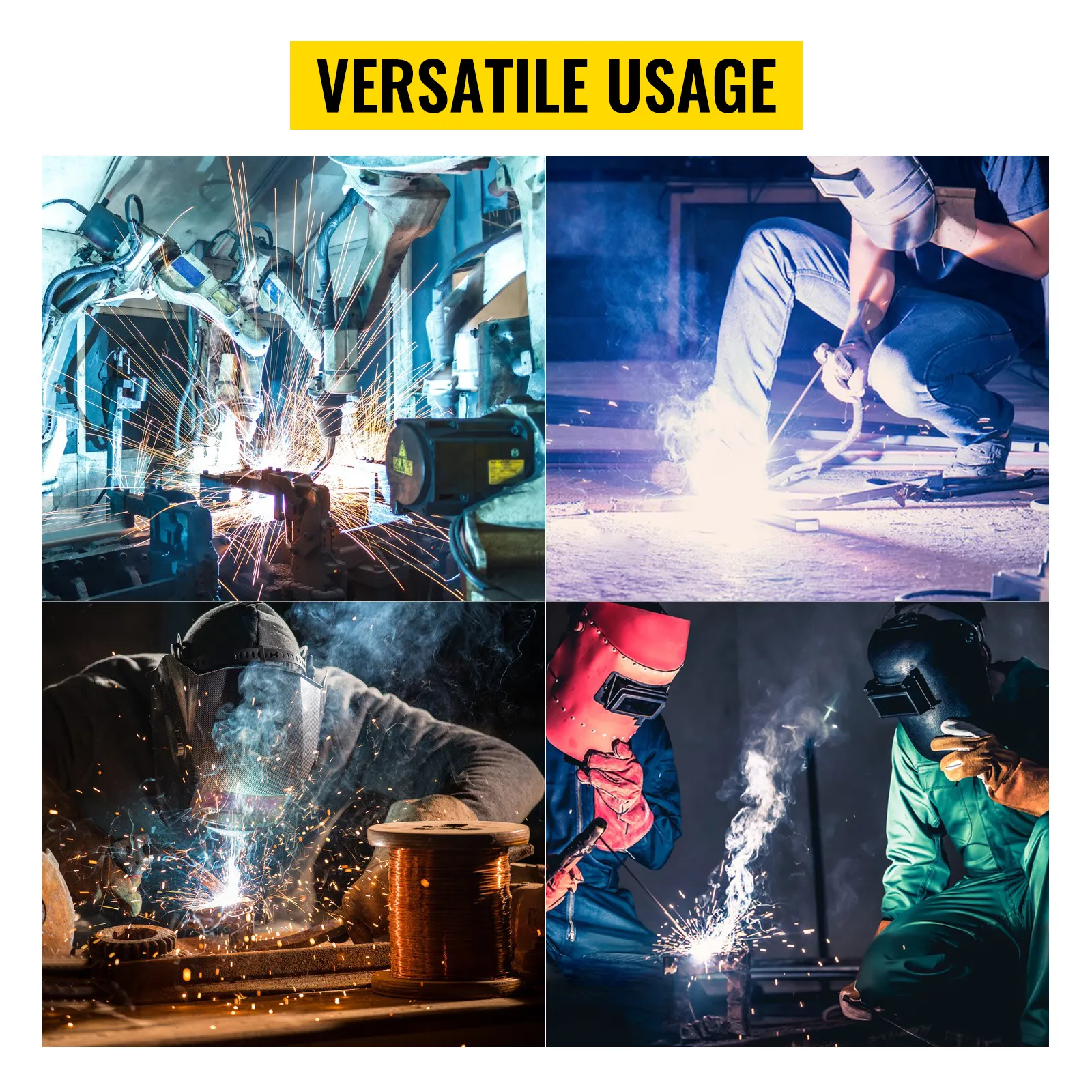 people welding in various industrial settings with VEVOR welding curtain.