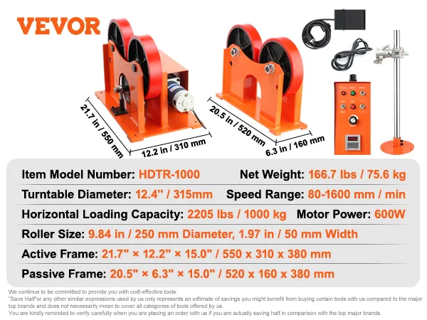 Specyfikacja rolek spawalniczych VEVOR: hdtr-1000, silnik 600 W, udźwig 2205 funtów, rolka 250 mm i akcesoria.