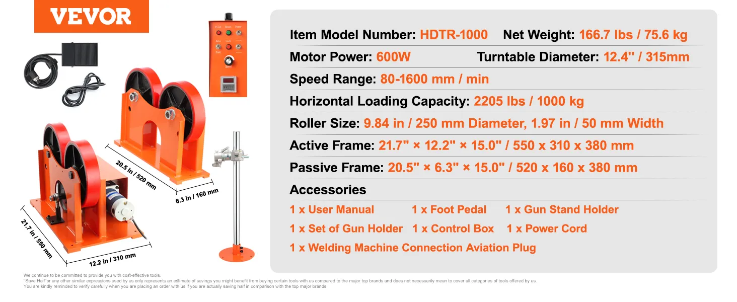 Specifikacije rotacijskog valjka za zavarivanje VEVOR: hdtr-1000, motor od 600 W, kapacitet od 1024 kg, valjak od 250 mm i pribor.