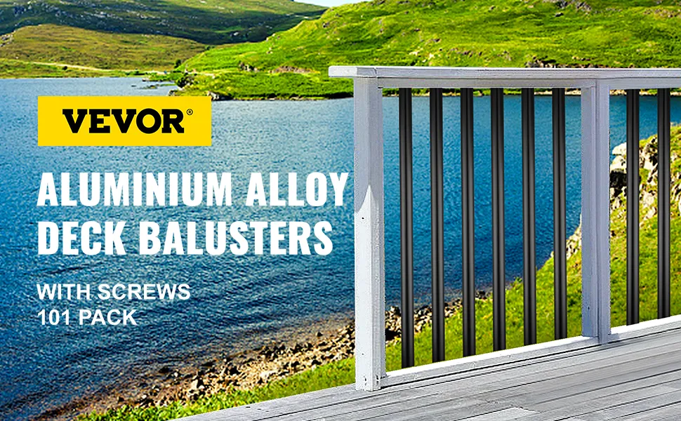 VEVOR deck balusters by a lake with green hills, aluminum alloy, with screws, 101 pack.