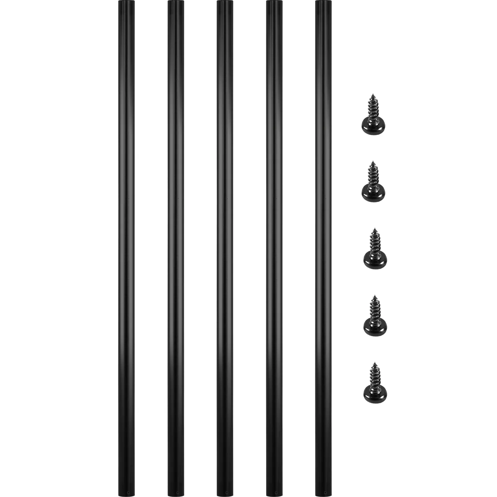 VEVOR deck balusters, five black rails with matching screws aligned on white background.