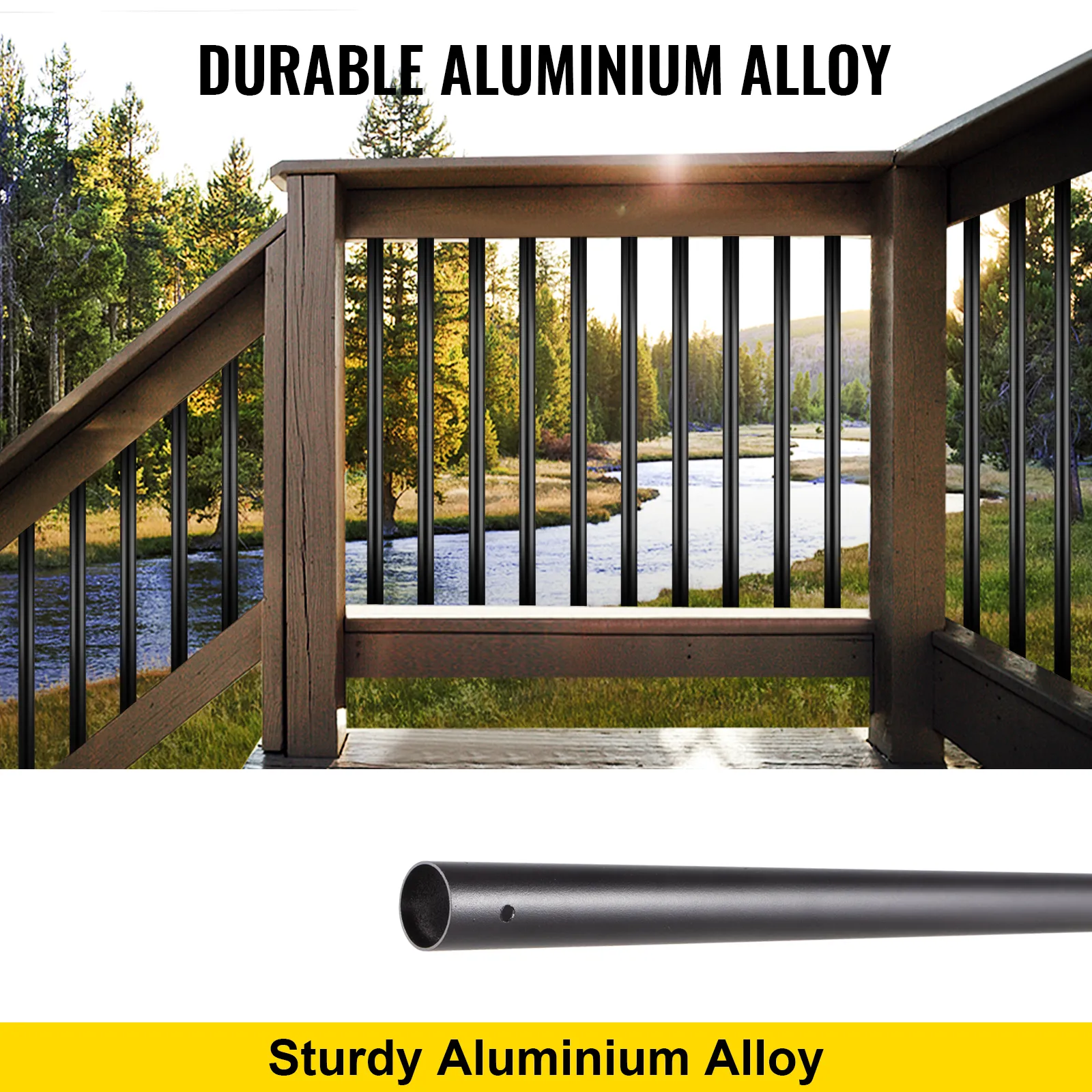 VEVOR deck balusters in aluminum railing overlooking a serene riverside landscape.