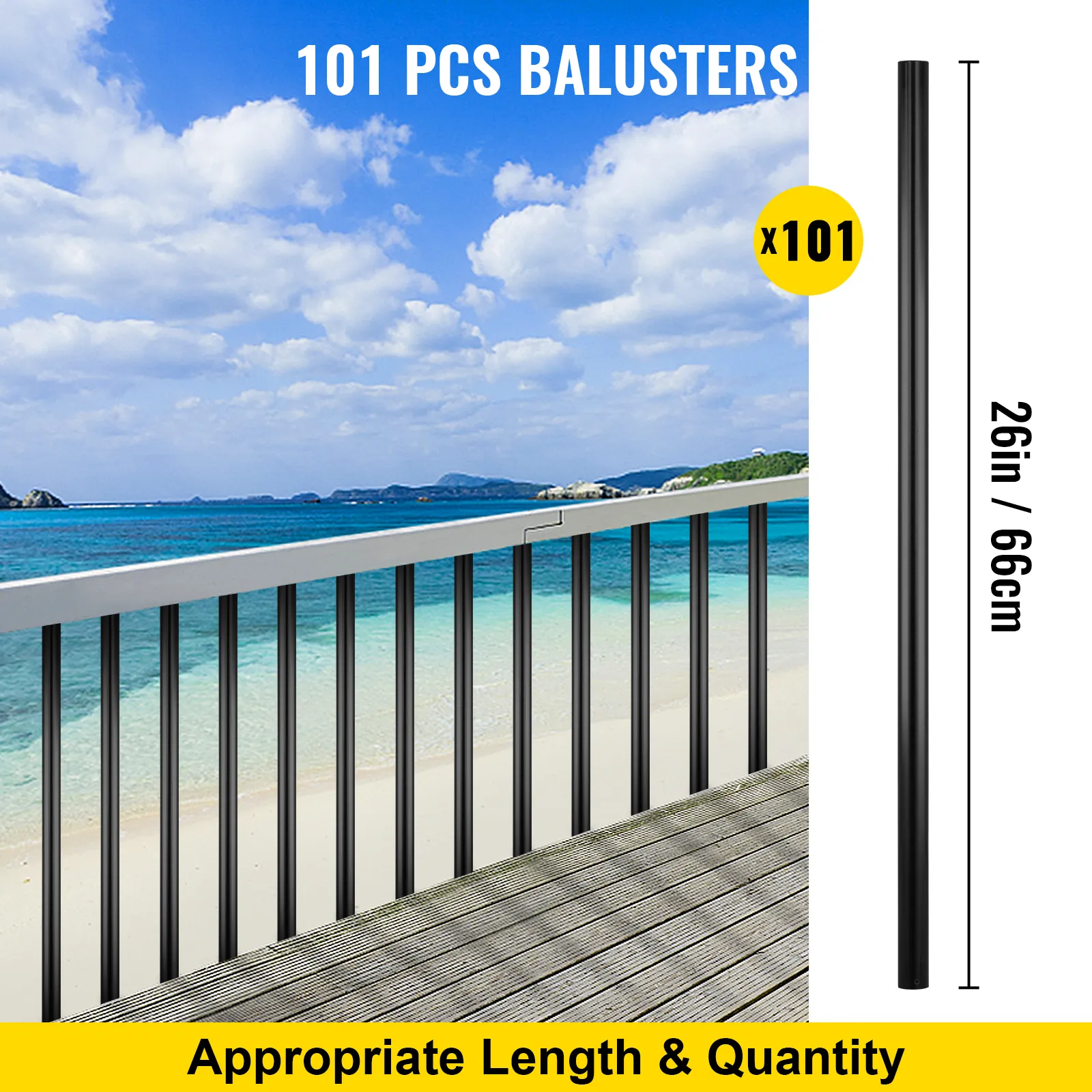 VEVOR deck balusters, 101 pcs, 26in/66cm, black railing overlooking ocean.