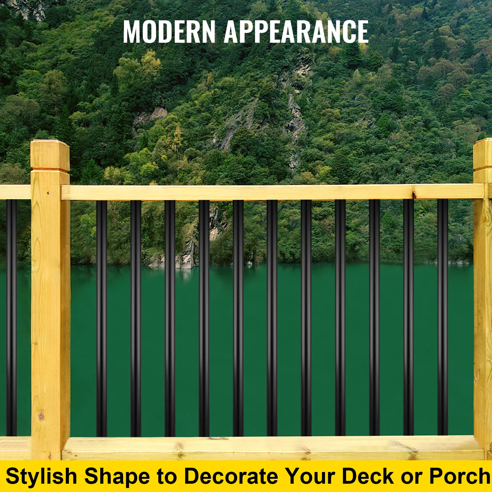 modern deck with black VEVOR deck balusters, wooden frame, and lush green background.