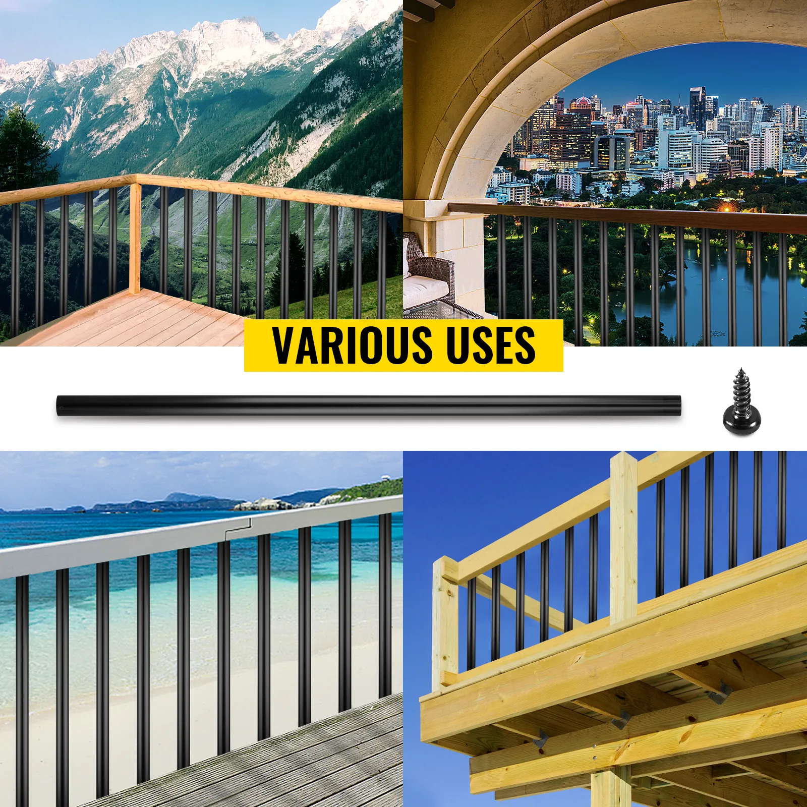 VEVOR deck balusters for various scenic views, from mountains to beaches and cities.