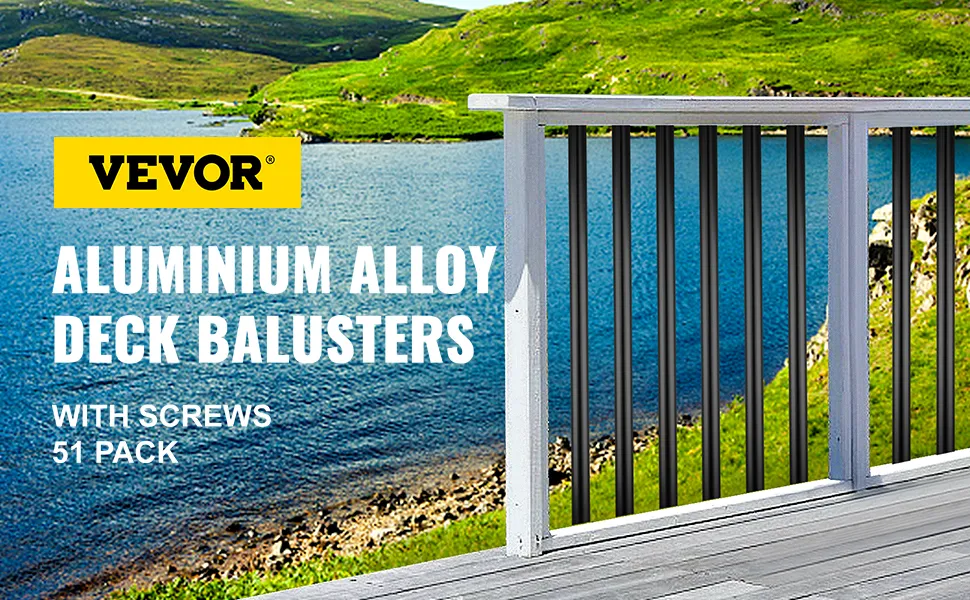 VEVOR deck balusters with screws, 51 pack, overlooking serene lake and green hills.