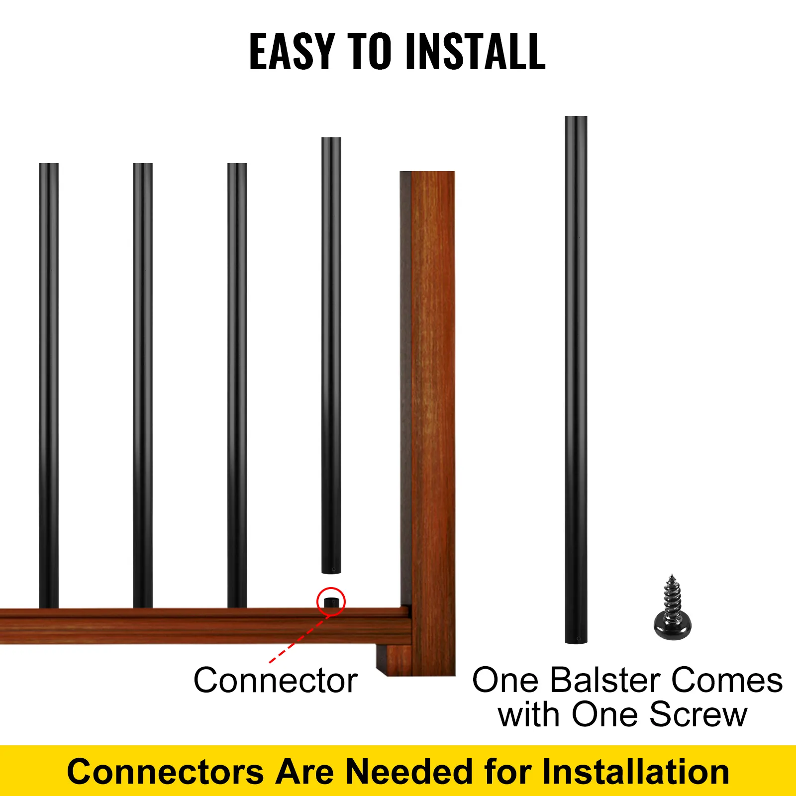 VEVOR deck balusters installation with black balusters, connector, and screw.