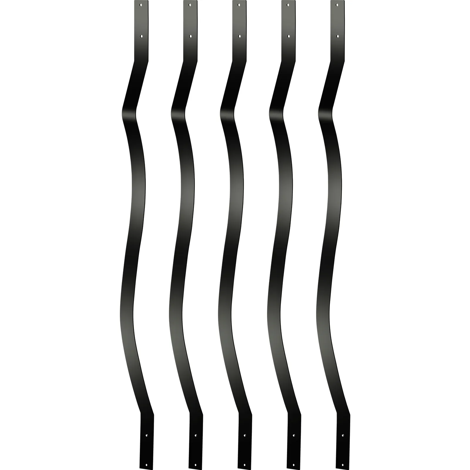 Barandillas de cubierta VEVOR en forma de onda de color negro dispuestas verticalmente sobre un fondo blanco.