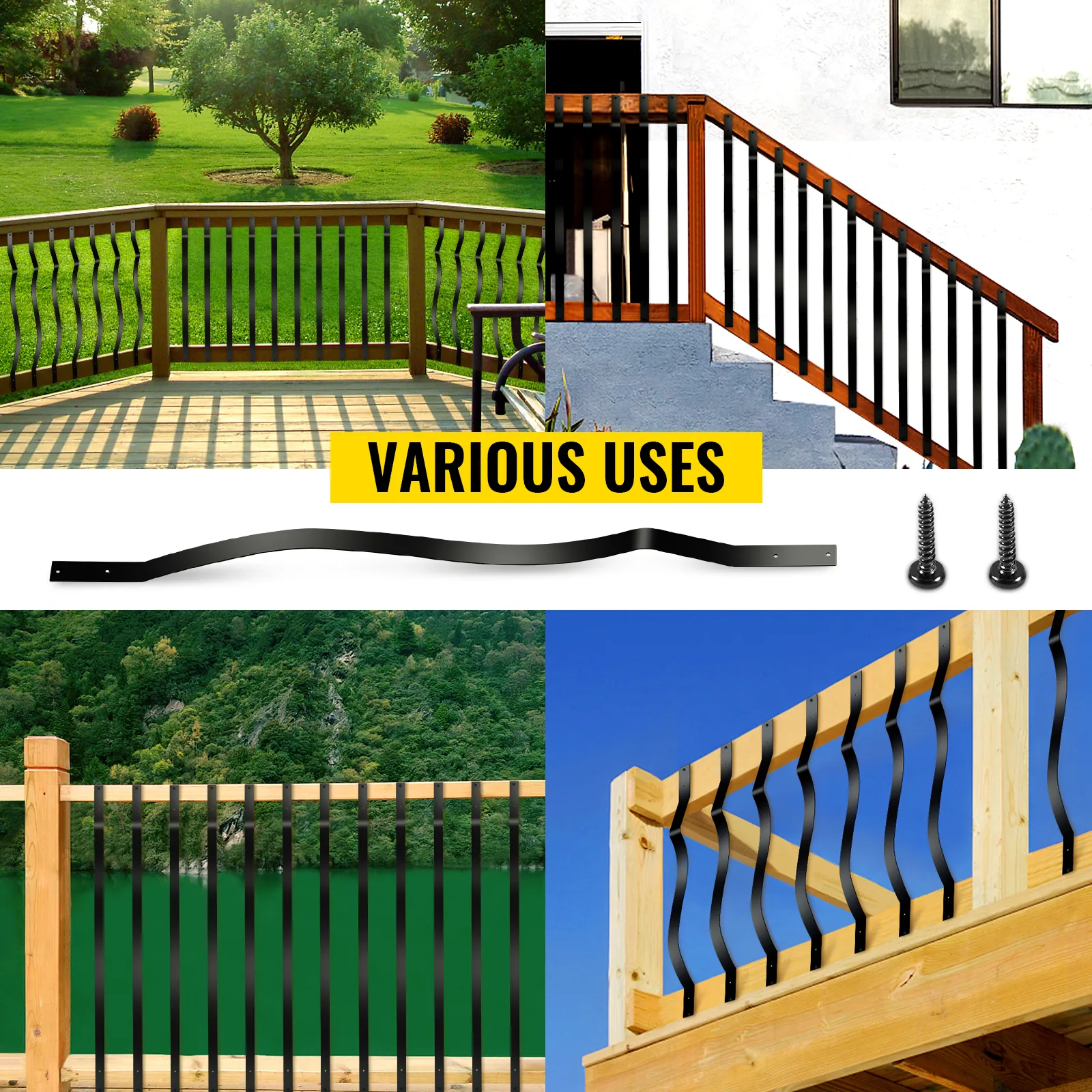 Diversos usos de los barandales de cubierta VEVOR en barandillas y escaleras de madera con fondo verde.