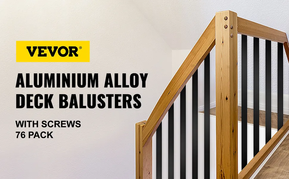 VEVOR deck balusters with screws, 76 pack, aluminum alloy, wooden railing background.