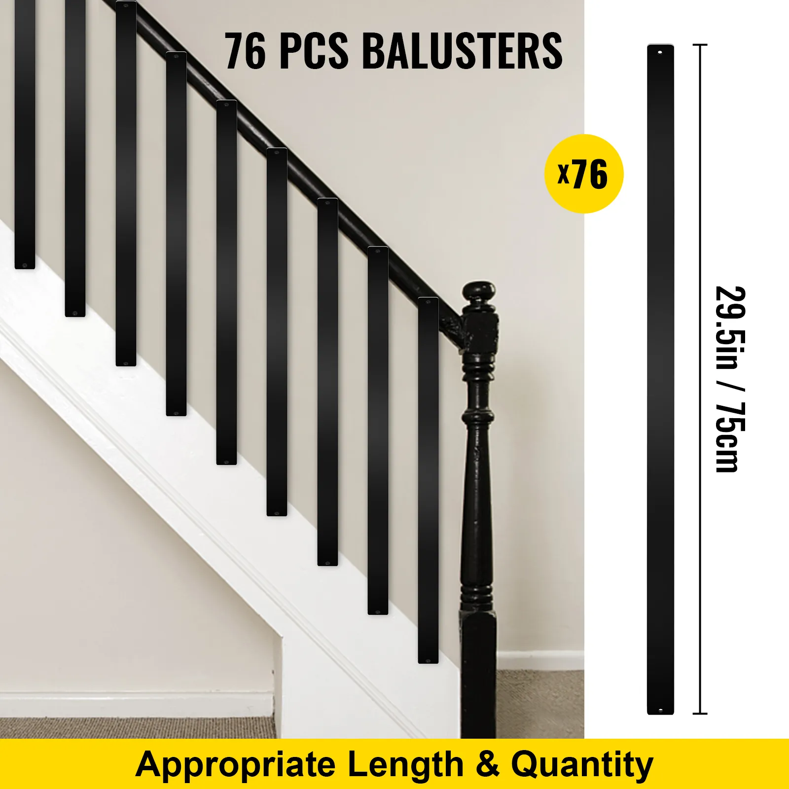 VEVOR deck balusters, 76 pcs, black, 29.5 inches each, installed on a stair railing.